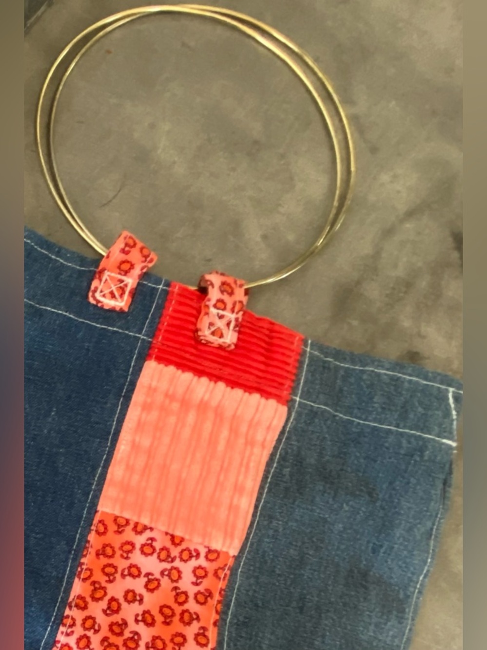 Unique Handmade Patchwork Denim & Red Corduroy Tote with Metal Ring Handles